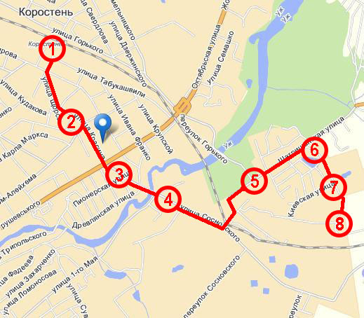 Схематический маршрут автобуса №4 г. Коростень