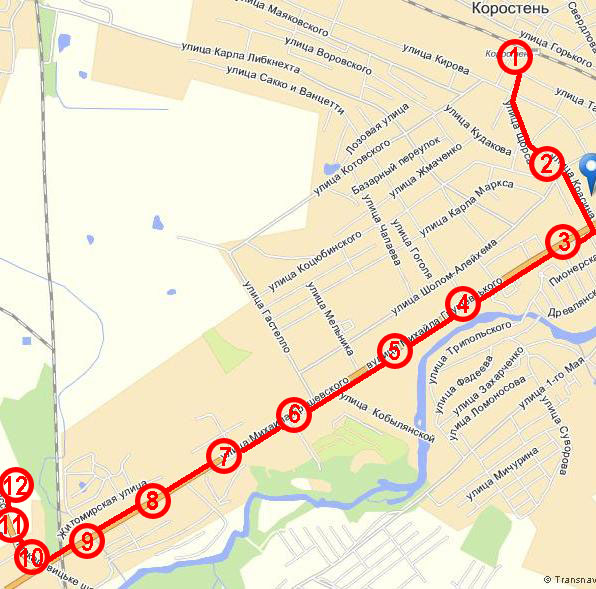 Схематический маршрут автобуса №5 г. Коростень
