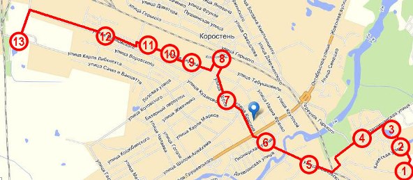 Схематический маршрут автобуса №6-А г. Коростень